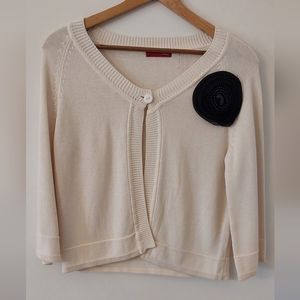 Cyrus M Long Sleeve Sweater with Top Button Closure Beaded Silk Flower Accent